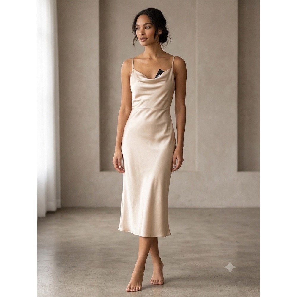 Bebe Champagne Satin Cowl‎ Neck Midi Slip Dress – NWT (Size L)